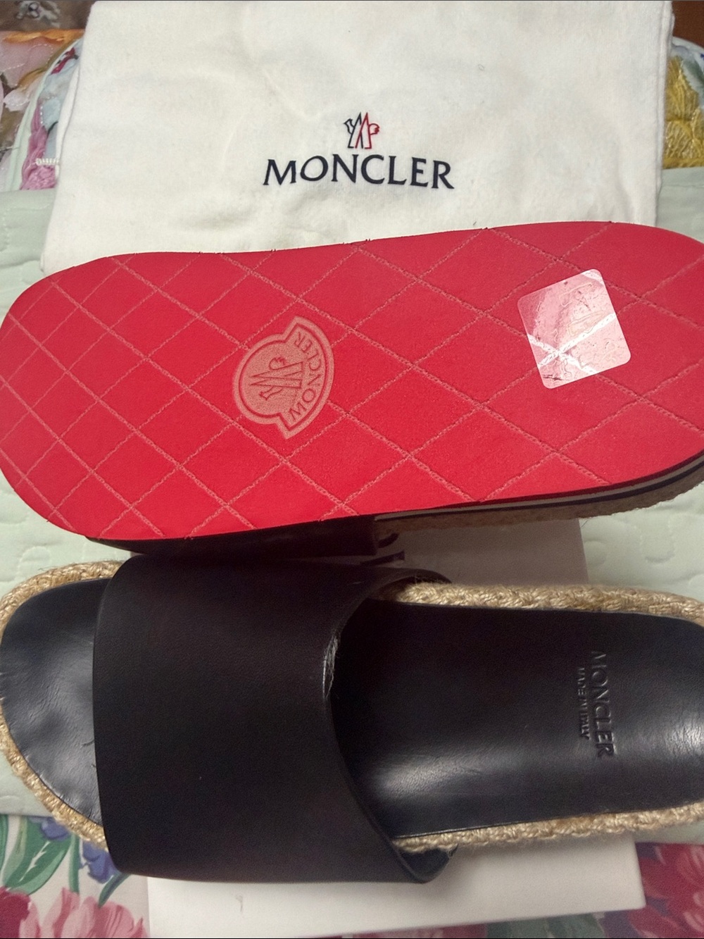 Moncler Black Leather Slide Sandals with Red Quilted Sole